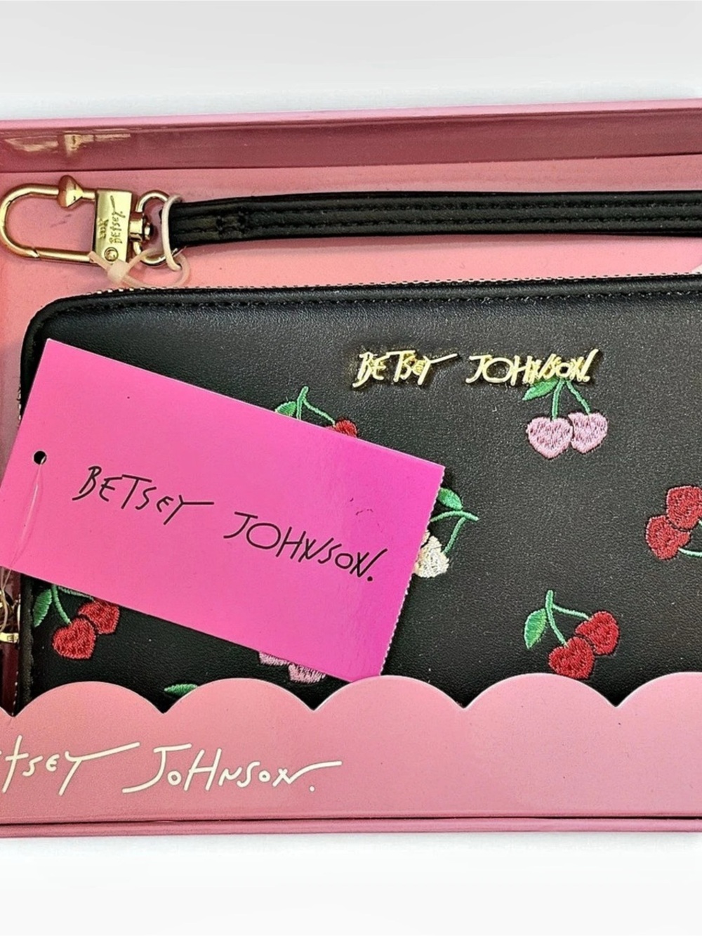 Betsey Johnson Cherry Embroidered Wallet with Removable Wristlet, Black & Pink - Picture 3 of 4